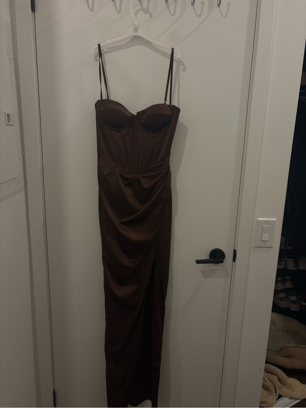 Satin Brown Strapless Bustier Maxi Dress